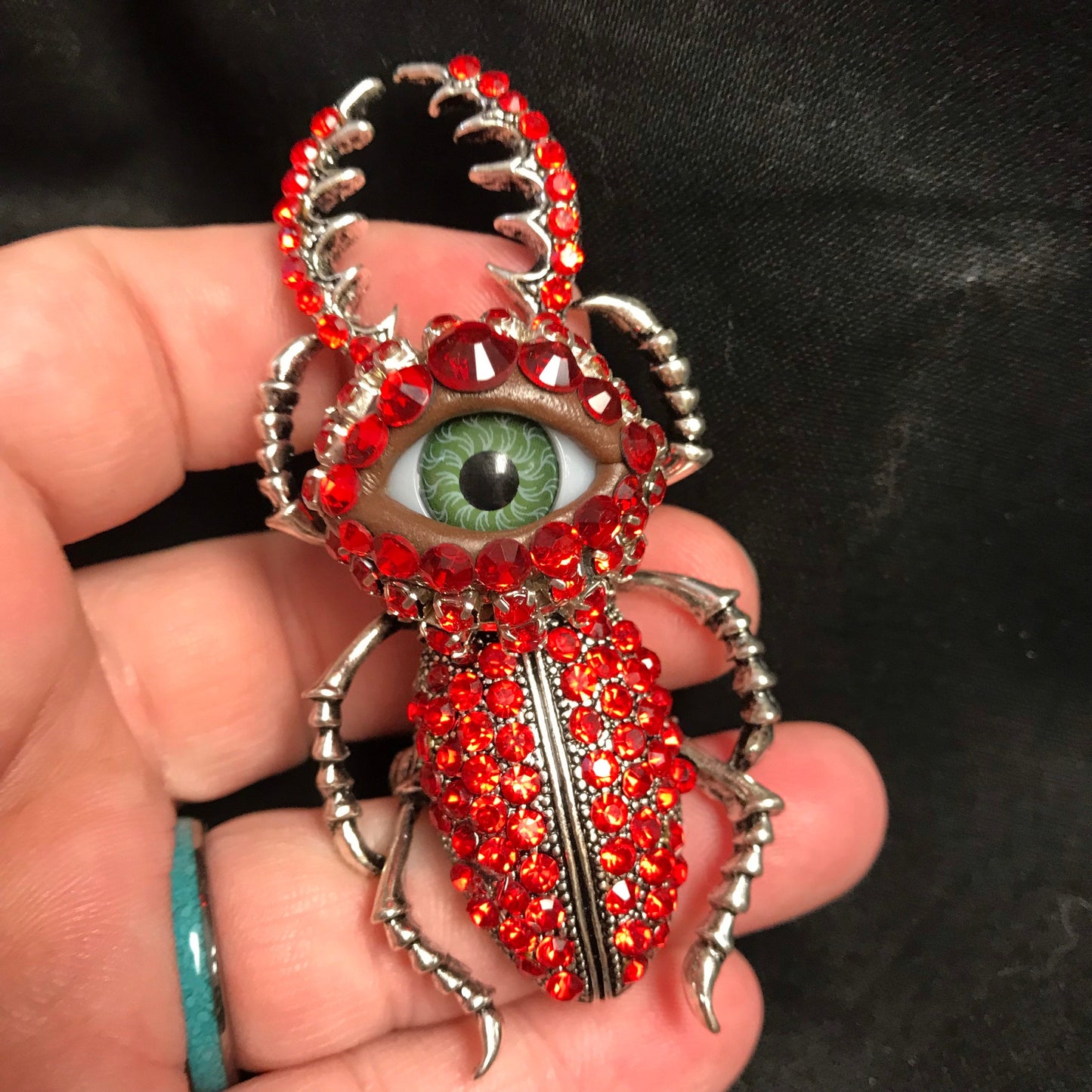 Red Beetle Brooch, Gothic Eye Insect Pin, Victorian Scarab Jewelry, Rhinestone Statement Brooch, Halloween Gift