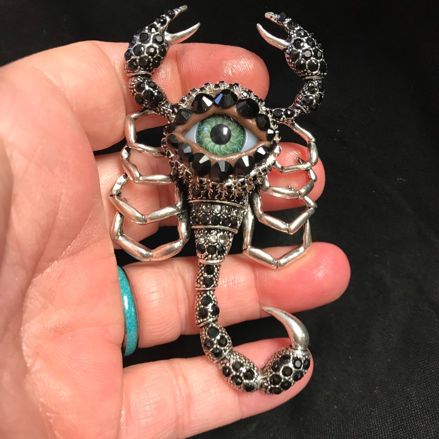 Silver and Bejeweled SCORPION Eyeball Art Brooch with a Natural Green Eye and HINGED Moving Tail!