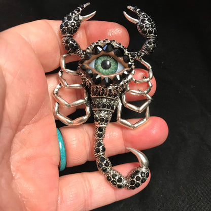 Silver and Bejeweled SCORPION Eyeball Art Brooch with a Natural Green Eye and HINGED Moving Tail!