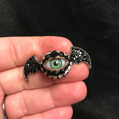 Little Baby Bat Wing Eyeball Art Brooch, Black Stones & Rhinestones