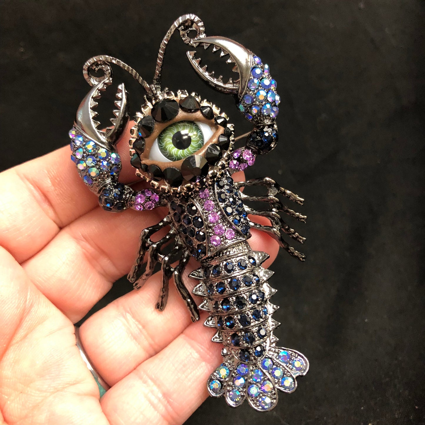Whimsical Lobster Brooch with Rhinestones and Green Eye