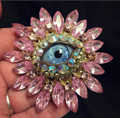 Vintage Style Sunburst Brooch, Pastel Pink Rhinestones, Handmade Glass Iris
