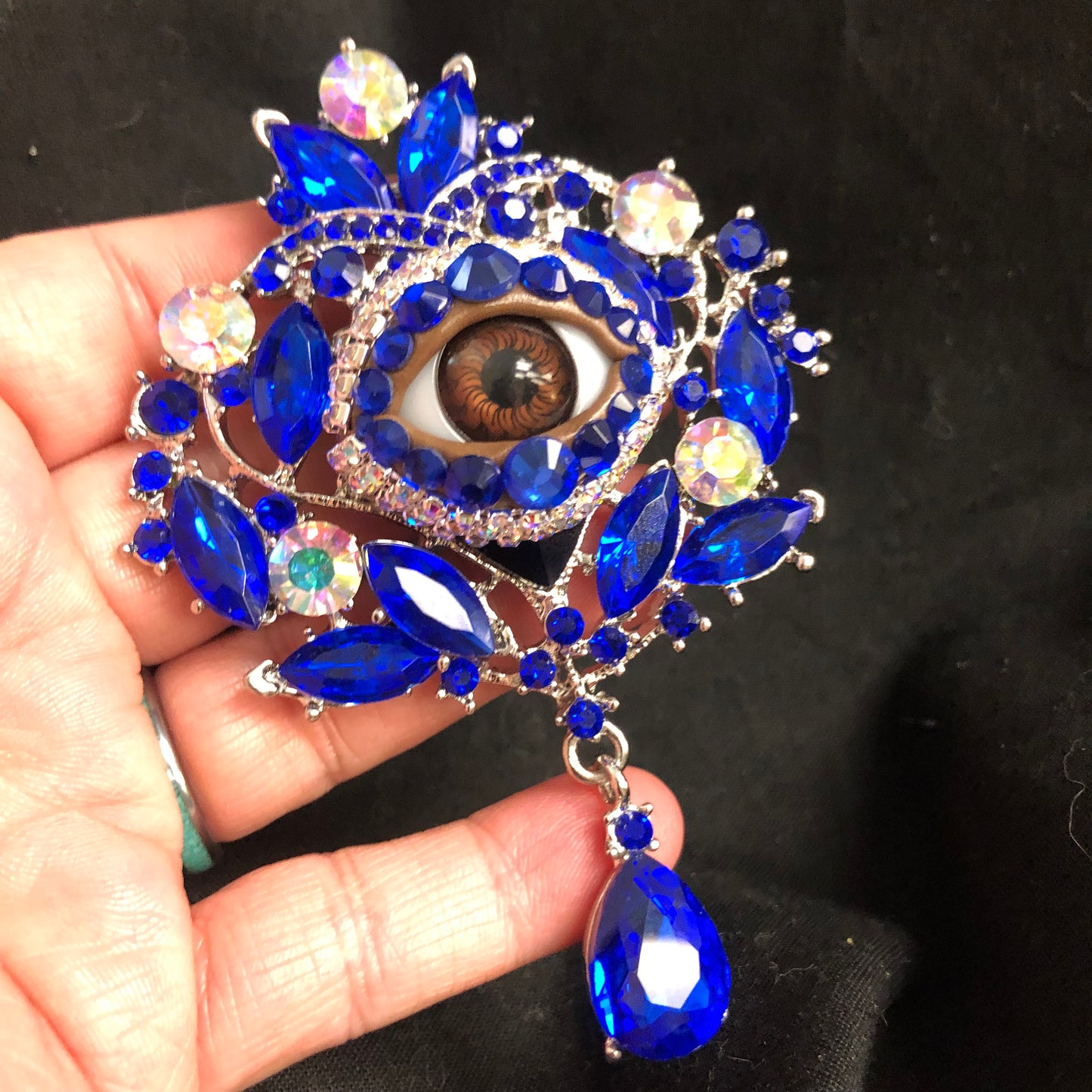 Vintage Royal Blue Rhinestone Eyeball Brooch
