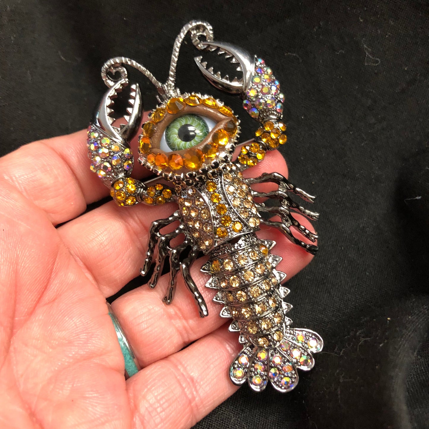 Whimsical Rhinestone Lobster Brooch with Green Eyeball, Hinged Tail