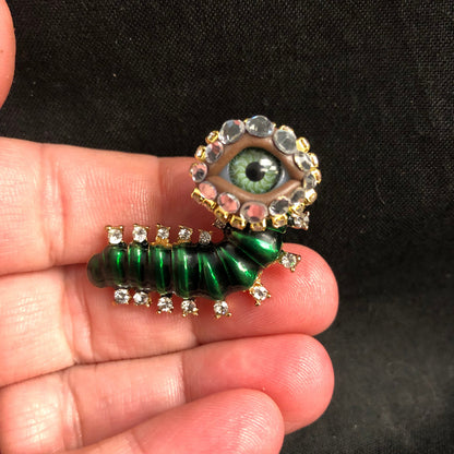 Enameled Caterpillar Brooch, Green Eye with Rhinestones