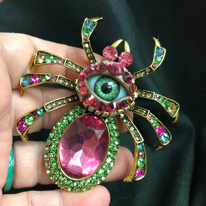 Statement Spider Brooch, Green Eye, Rhinestone Accents, Gothic Wearable Art
