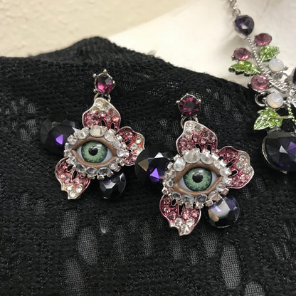 Bejeweled Eyeball Choker and Earring Set, Purple Rhinestone Jewelry