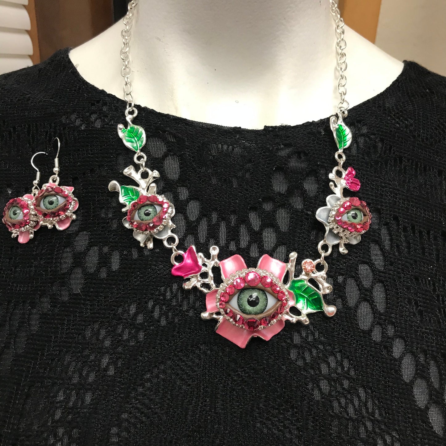 Eyeball Art Necklace, Enameled Bejeweled Rhinestone Statement Necklace