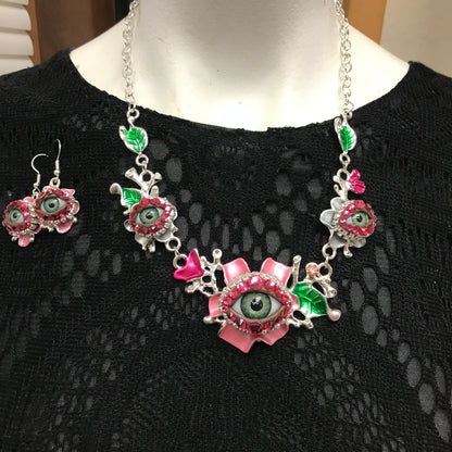Eyeball Art Necklace, Enameled Bejeweled Rhinestone Statement Necklace
