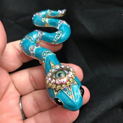 Turquoise Snake Eye Brooch – Gothic Statement Pin – Surreal Serpent Jewelry – 4 Inch Wearable Art