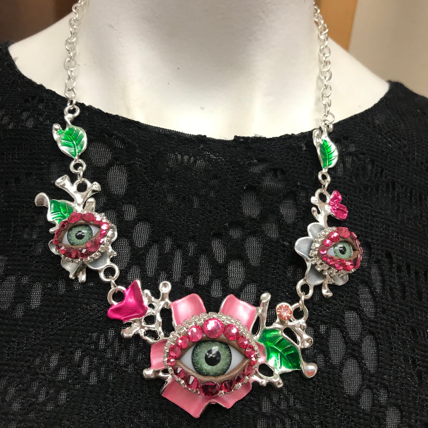 Eyeball Art Necklace, Enameled Bejeweled Rhinestone Statement Necklace