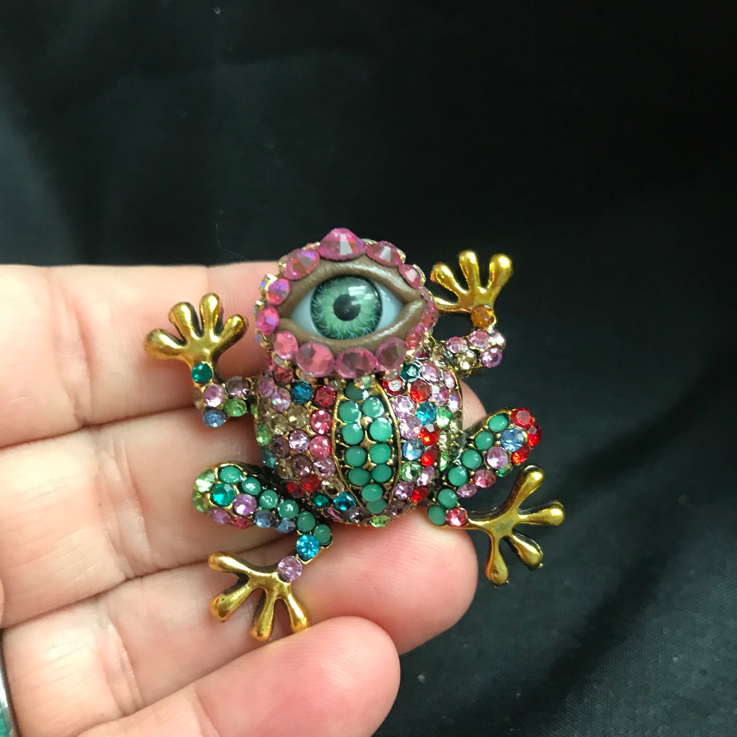 Rhinestone Frog Eyeball Brooch – Whimsical Bejeweled Pin