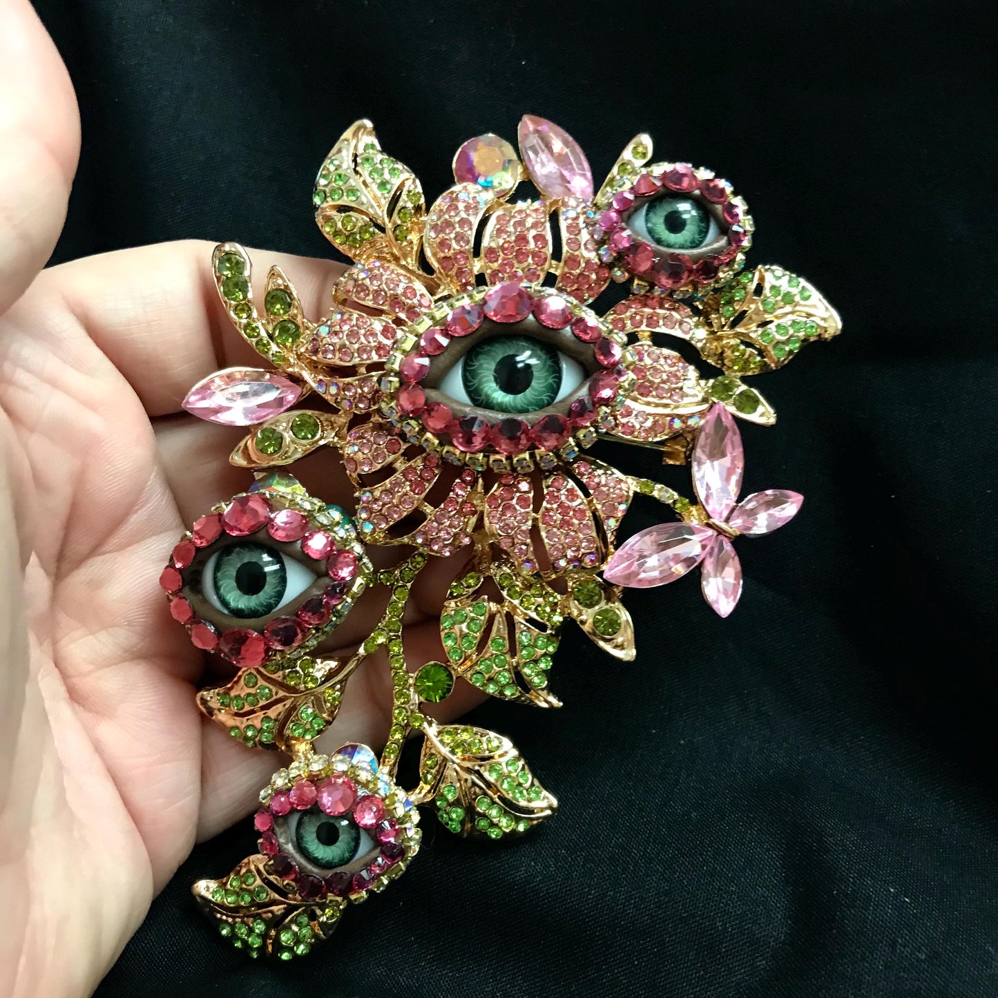 Rhinestone Floral Eye Brooch - Dramatic Statement Jewelry