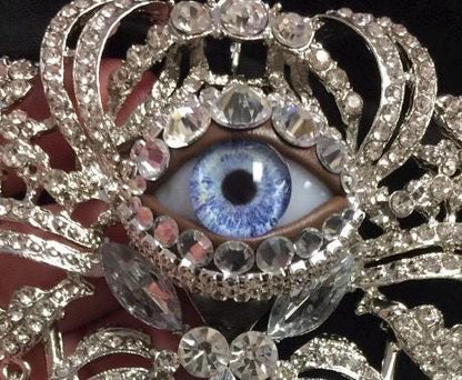 Huge Vintage Eyeball Brooch Pendant: Handmade Blue Glass Iris, Rhinestone Ornate Style