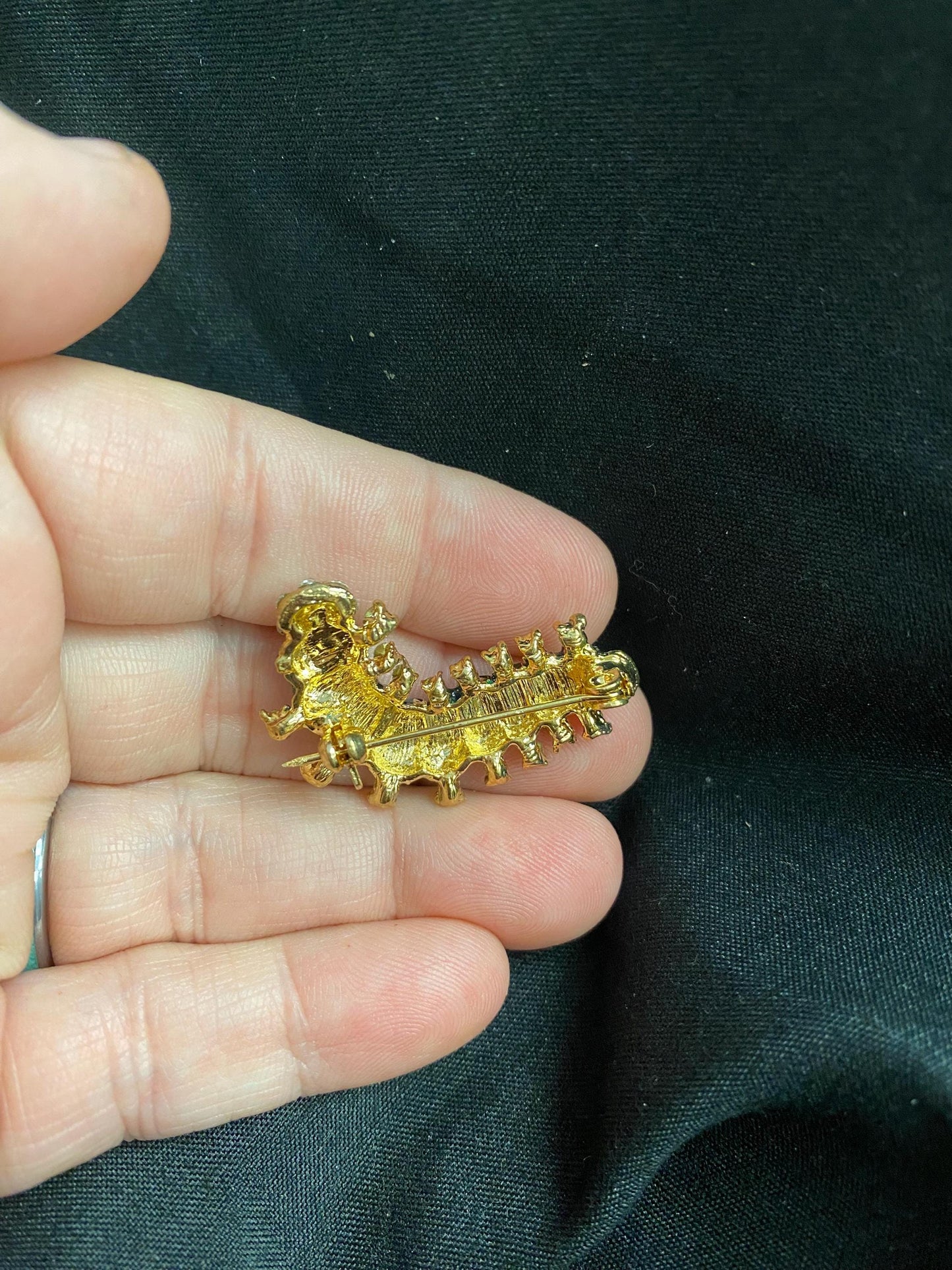Enameled Caterpillar Brooch, Green Eye with Rhinestones