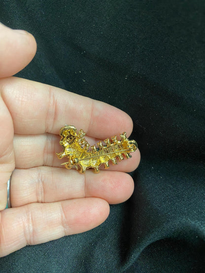 Enameled Caterpillar Brooch, Green Eye with Rhinestones