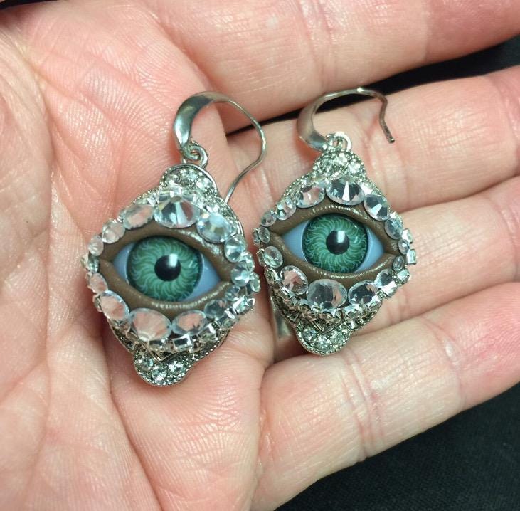 Vintage Style Eyeball Earrings, Silver Tone with Rhinestones