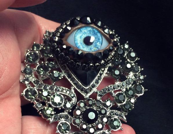 Gothic Eyeball Brooch, Ornate Rhinestone & Blue Glass Iris