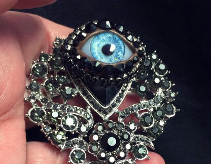 Gothic Eyeball Brooch, Ornate Rhinestone & Blue Glass Iris