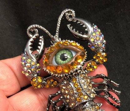 Whimsical Rhinestone Lobster Brooch with Green Eyeball, Hinged Tail