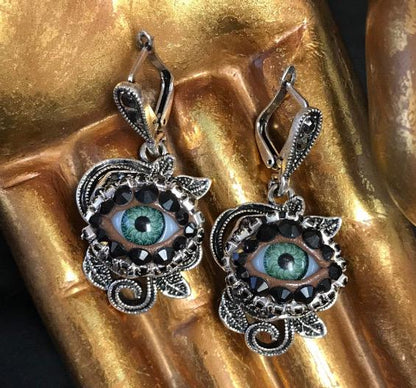 Antiqued Silver Rose - Eyeball Art Earrings with Natural Green Irises and Hand Placed Rhinestones!