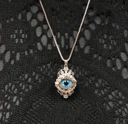 Silver Tone Crystal Eyeball Necklace - Aqua Blue Iris, Rhinestone Pendant