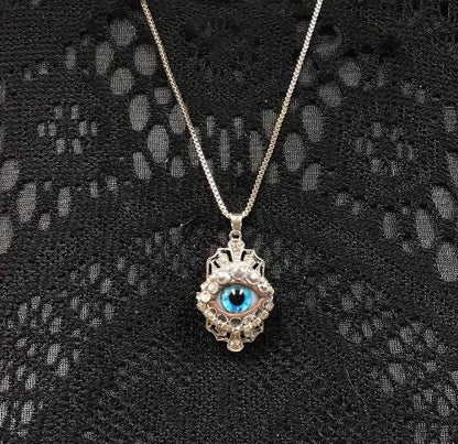 Silver Tone Crystal Eyeball Necklace - Aqua Blue Iris, Rhinestone Pendant