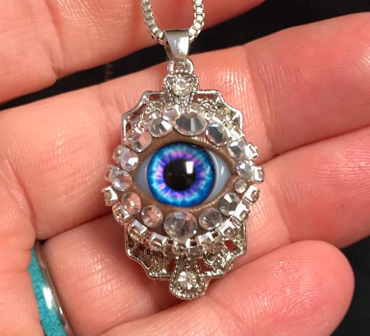 Crystal Rhinestone Eyeball Necklace, Handmade Blue Purple Glass Iris