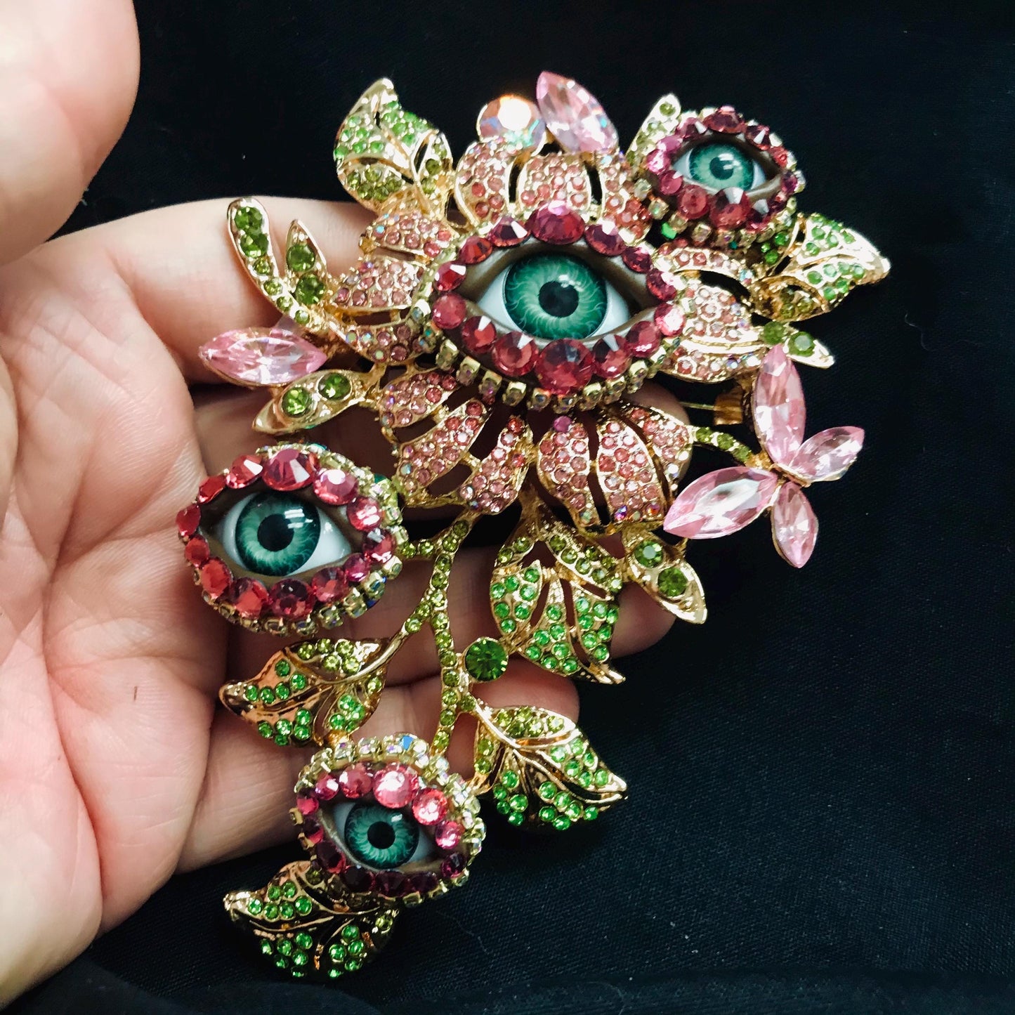 Rhinestone Floral Eye Brooch - Dramatic Statement Jewelry