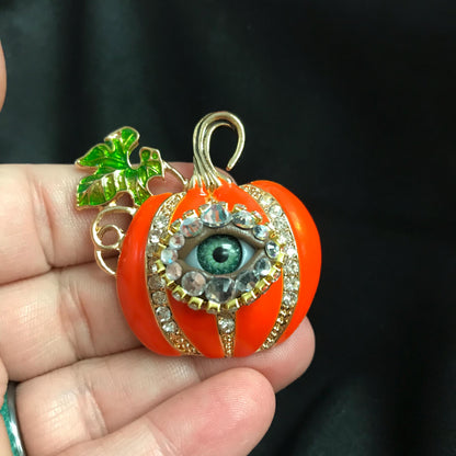 Pumpkin Eyeball Brooch, Rhinestone Halloween Jewelry