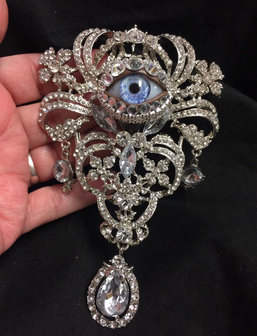 Huge Vintage Eyeball Brooch Pendant: Handmade Blue Glass Iris, Rhinestone Ornate Style