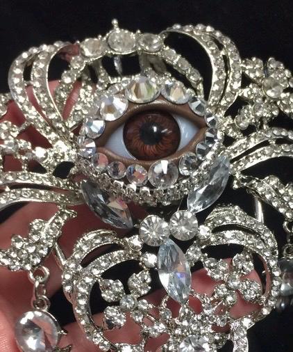Huge Epic Crystal Eyeball Art Brooch with a Deep Brown Eye and Hand Placed Rhinestones!