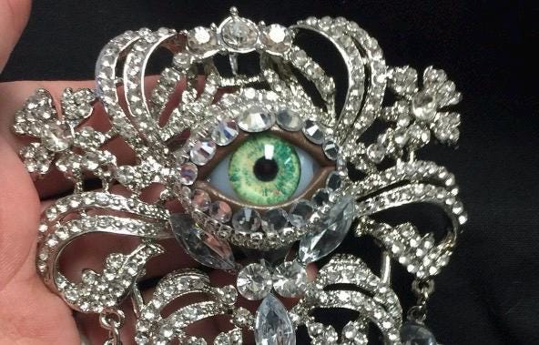 Crystal Eyeball Brooch: Handmade Green Glass Iris, Rhinestone Art