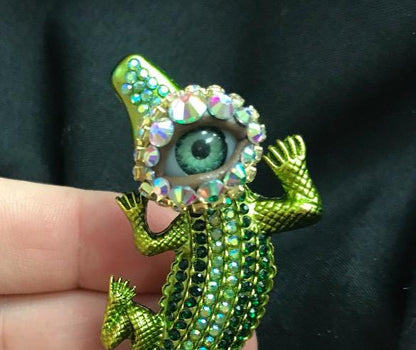 Rhinestone Crocodile Brooch, Green Eye Surreal Jewelry