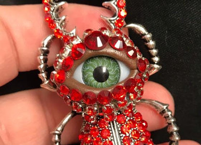 Red Beetle Brooch, Gothic Eye Insect Pin, Victorian Scarab Jewelry, Rhinestone Statement Brooch, Halloween Gift