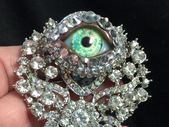 Vintage Ornate Eyeball Brooch, Green Glass Iris, Rhinestone Jewelry