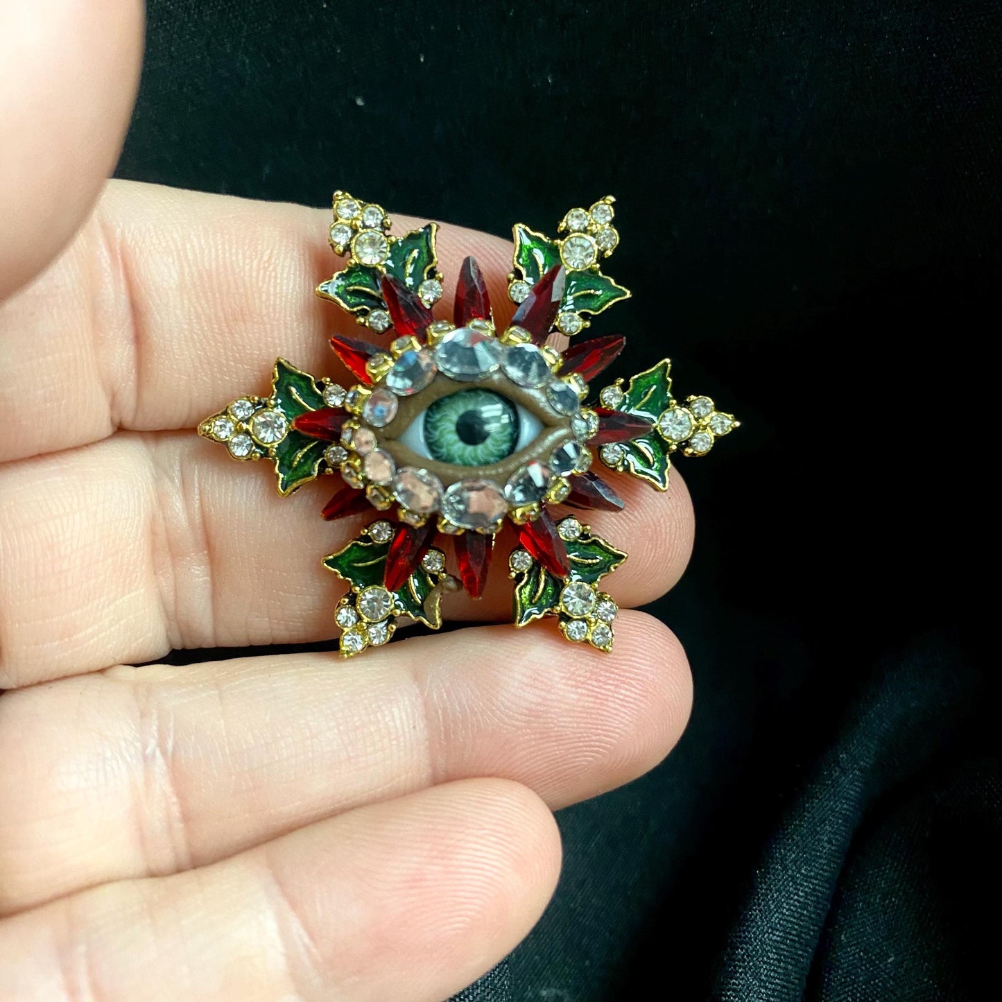 Stunning Christmas Snowflake Eyeball Art Brooch with a Natural Green Eye and Hand Placed Rhinestones! Eye Jewelry!
