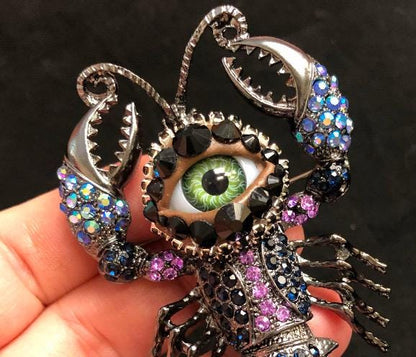 Whimsical Lobster Brooch with Rhinestones and Green Eye