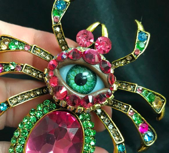 Statement Spider Brooch, Green Eye, Rhinestone Accents, Gothic Wearable Art