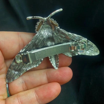 Lunar Moth Hair Barrette, Antiqued Silver Eyeball Clip, Rhinestone Accent