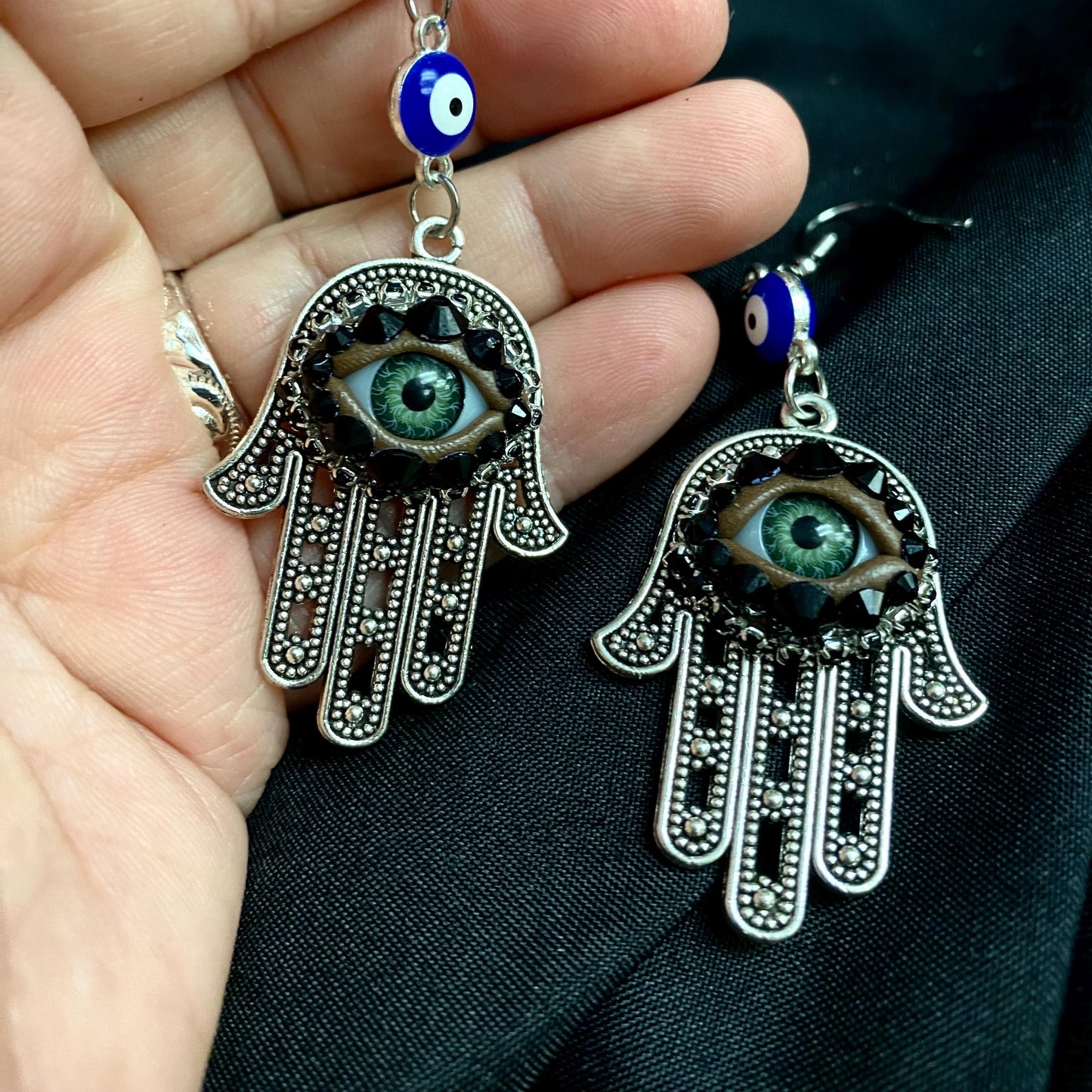 Hamsa Hand Silver Tone Earrings, Green Eye & Rhinestone Boho Jewelry
