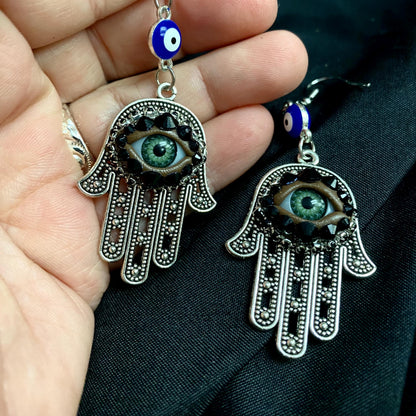 Hamsa Hand Silver Tone Earrings, Green Eye & Rhinestone Boho Jewelry