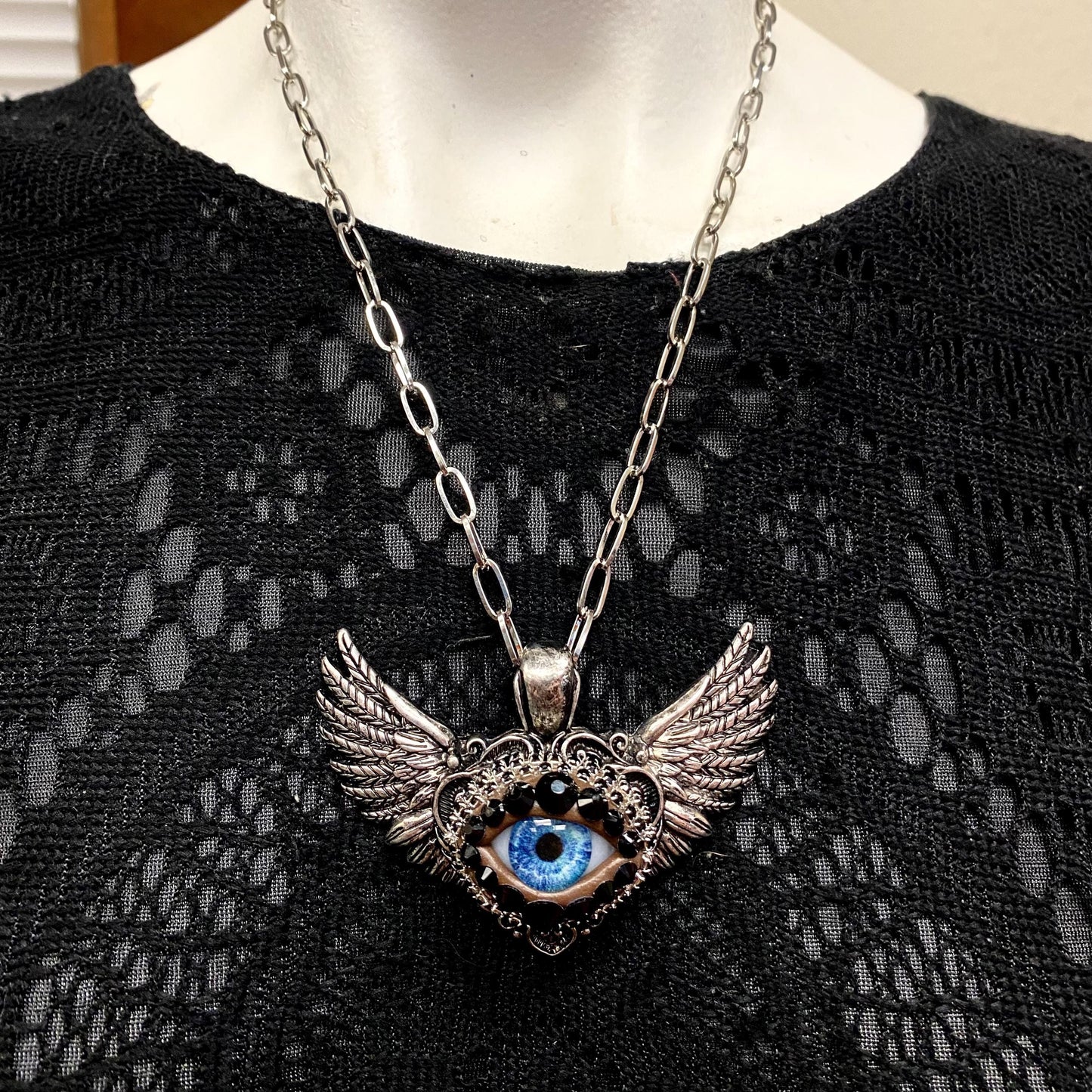 Winged Heart Eyeball Necklace, Antiqued Silver Tone, Surreal Art
