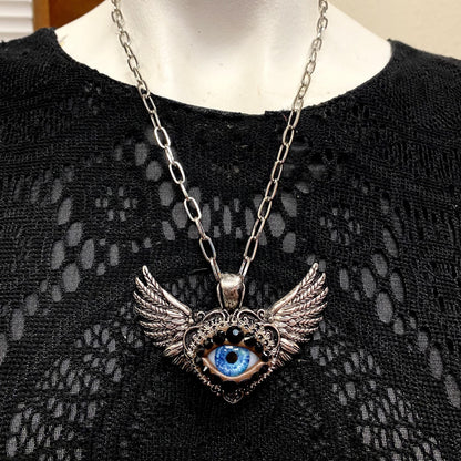 Winged Heart Eyeball Necklace, Antiqued Silver Tone, Surreal Art