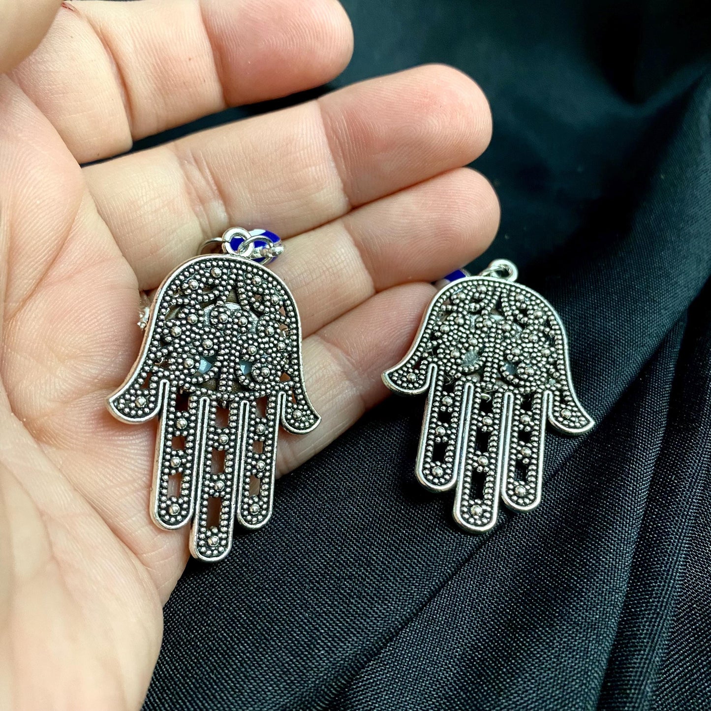 Hamsa Hand Silver Tone Earrings, Green Eye & Rhinestone Boho Jewelry