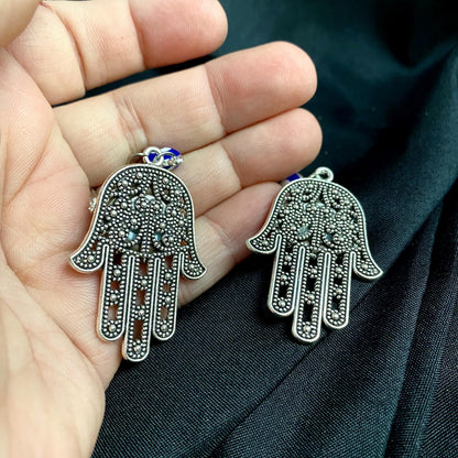 Hamsa Hand Silver Tone Earrings, Green Eye & Rhinestone Boho Jewelry