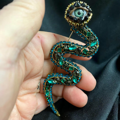 Emerald Snake Eye Brooch – Gothic Statement Pin – Surreal Serpent Jewelry – 4 Inch Wearable Art