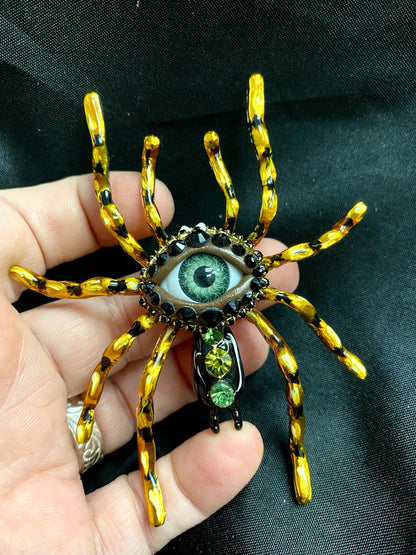Hand-Painted Spider Brooch, Gothic Eye Pin, Statement Insect Jewelry, Fantasy Halloween Accessory