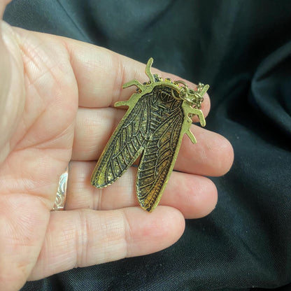 Antiqued Gold Cicada Pendant Necklace, Green Eye Rhinestone Jewelry