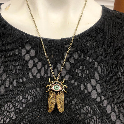 Antiqued Gold Cicada Pendant Necklace, Green Eye Rhinestone Jewelry